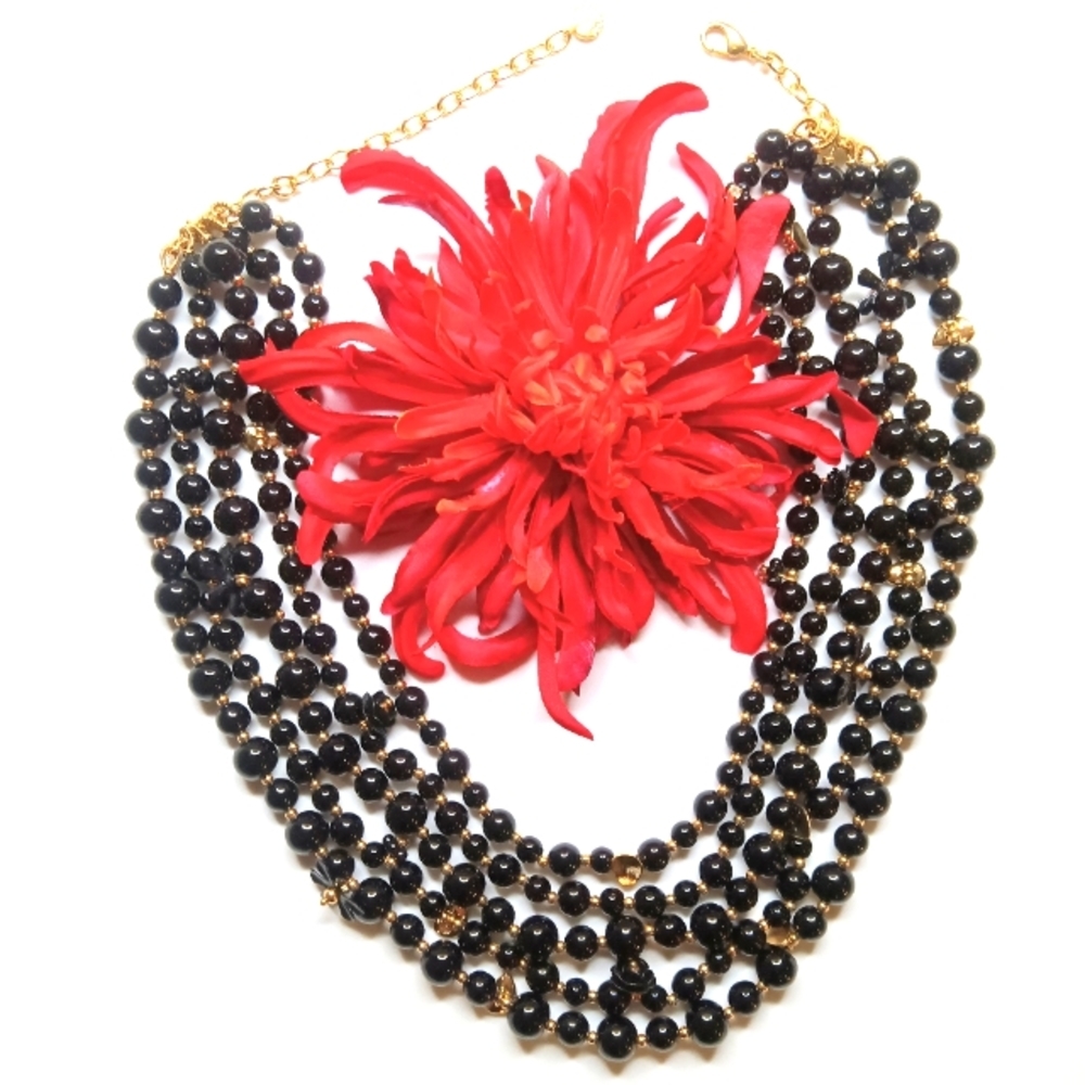 Talbots Black Gold Bead Floral 5 Strand Statement Necklace